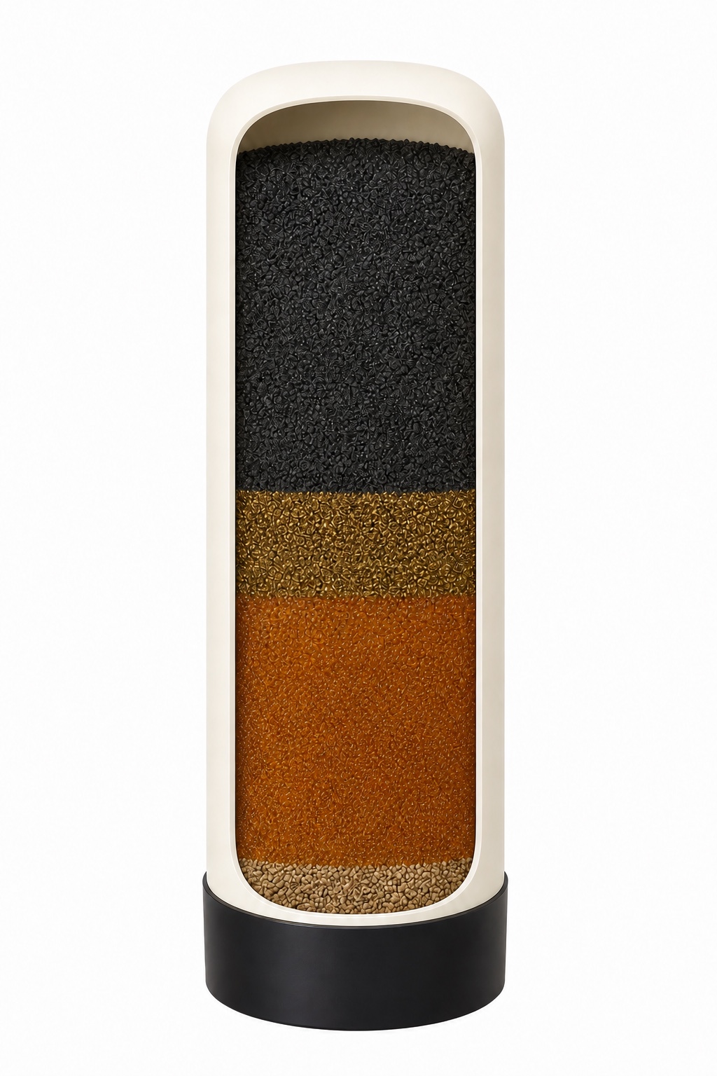 HydroOne cutaway showing catalytic carbon, KDF, resin, and support gravel