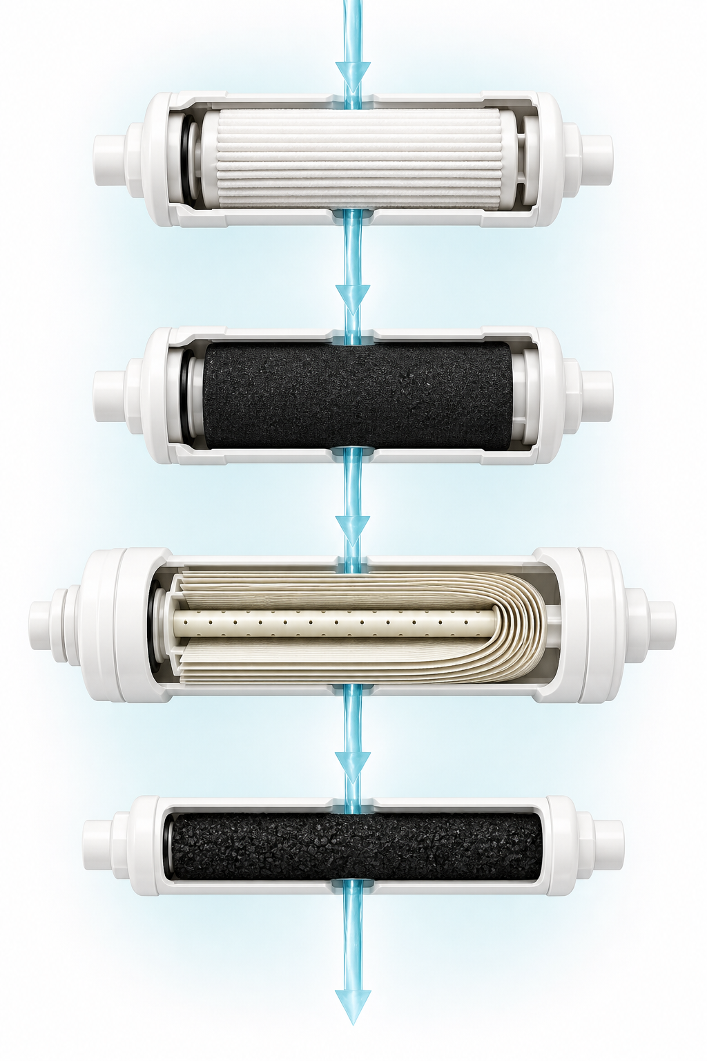 HydroSip treatment stages from top to bottom: sediment, carbon block, RO membrane, and post-carbon filter
