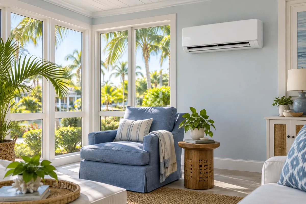 A ductless mini-split cooling a bright sunroom