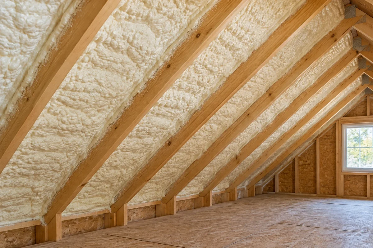 Spray foam insulation beneath a residential roof
