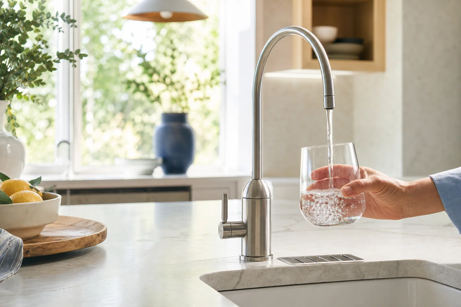 Clear water filling a glass at a bright kitchen faucet