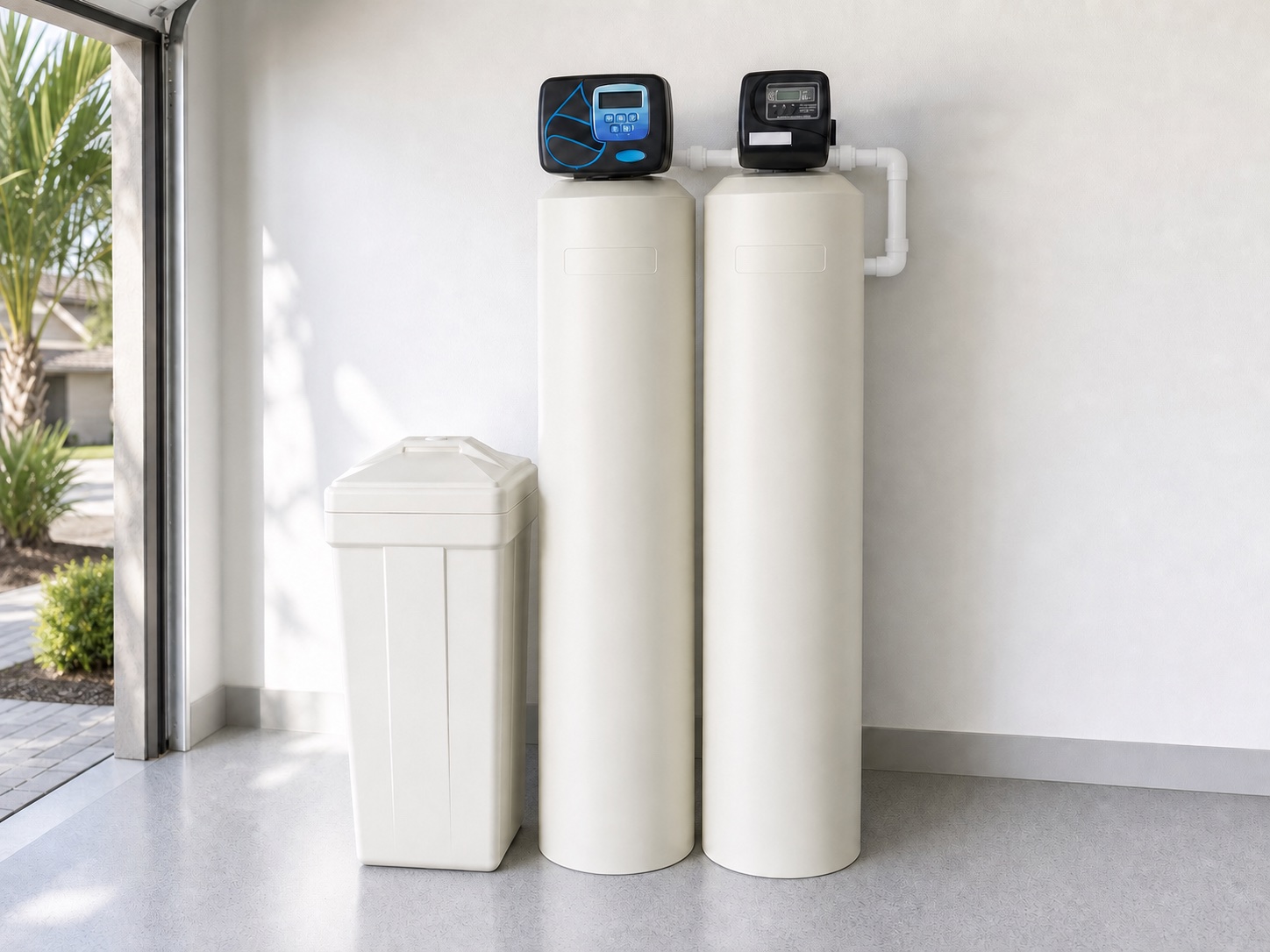 HydroDuo™ whole-home system installed with two treatment vessels, a brine tank, and white PVC plumbing