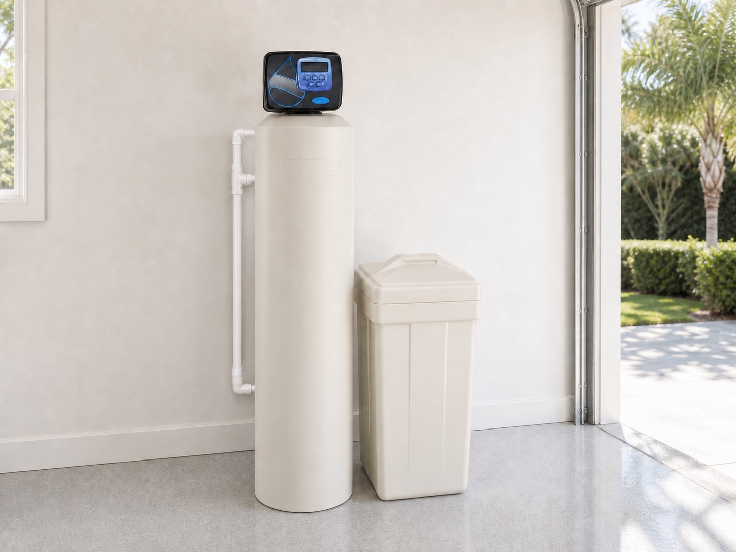HydroOne™ whole-home filtration and softening system installed with white PVC plumbing in a clean garage