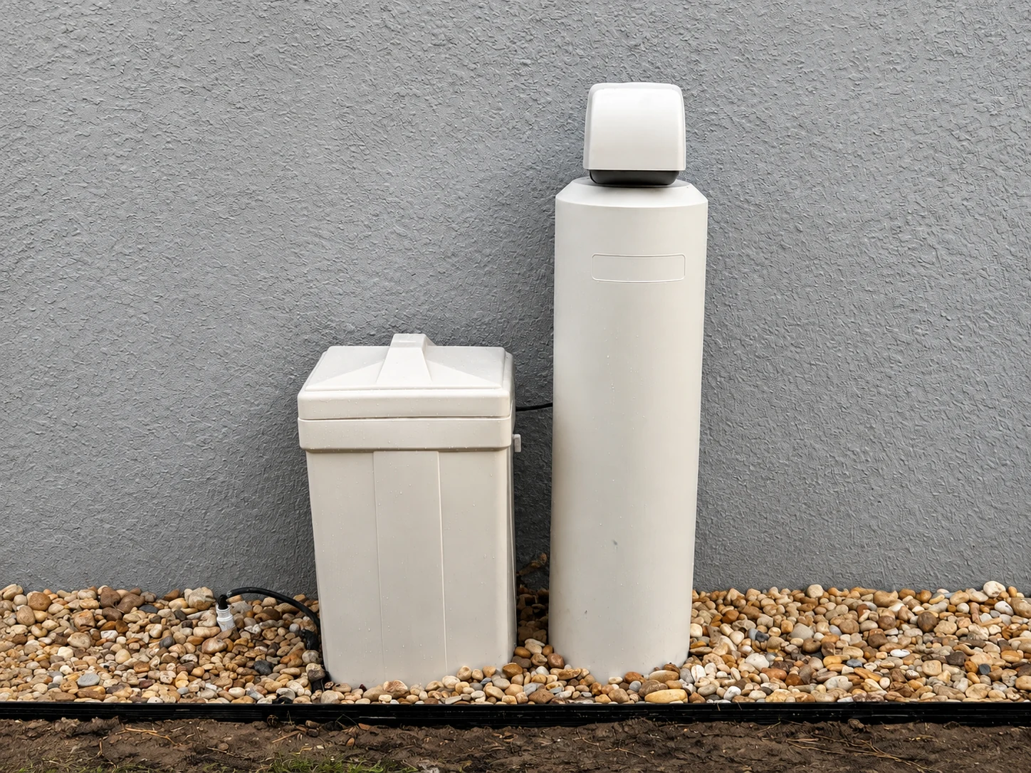 An installed water treatment system with its salt brine tank